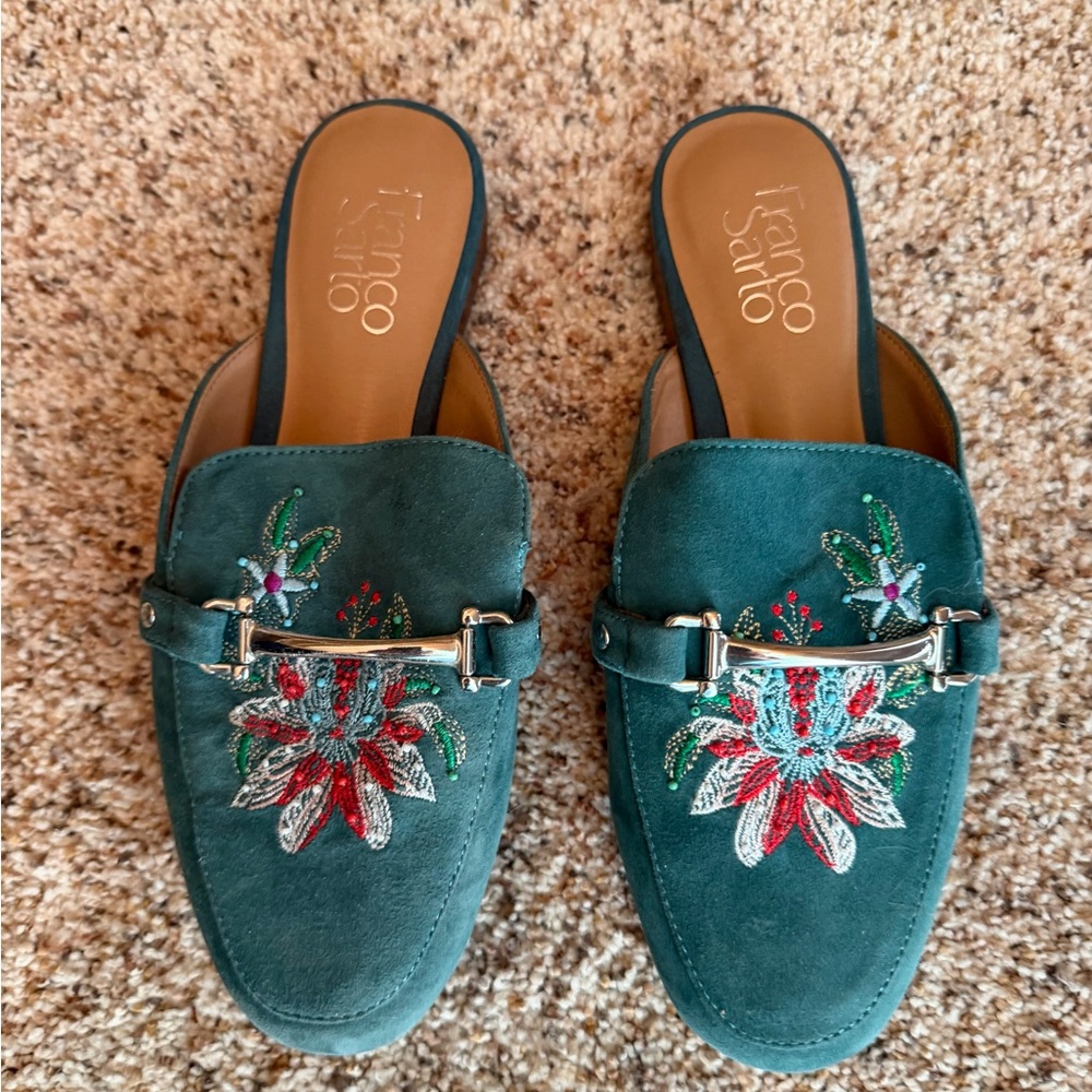 Franco Sarto Teal Suede Embroidered Slide Mules